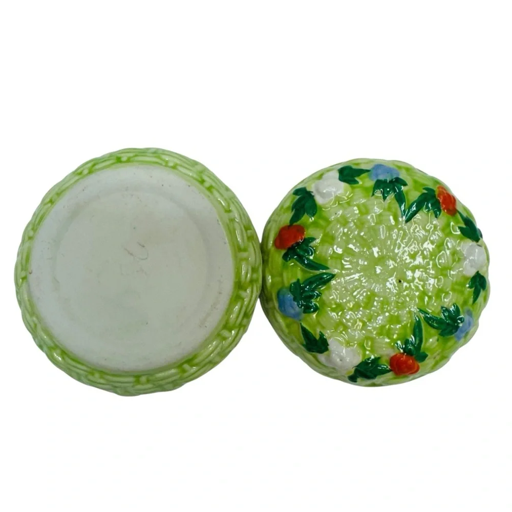 Vintage Basket Weave Jewelry Trinket Box Glazed Ceramic Jar Flowers Green